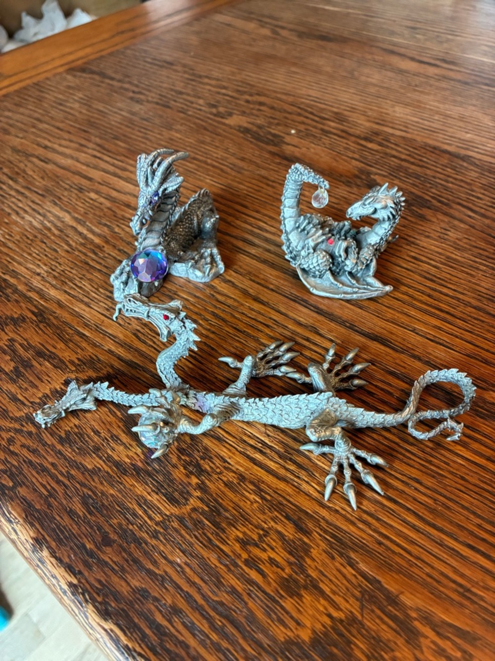 Trio of Pewter Dragon Figurines with Gem Accents